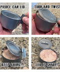 Hands using P-38 And P-51 Can Opener Set With Chains Stainless Steel USA Made Shelby Co Stamped Tools to open canned food.