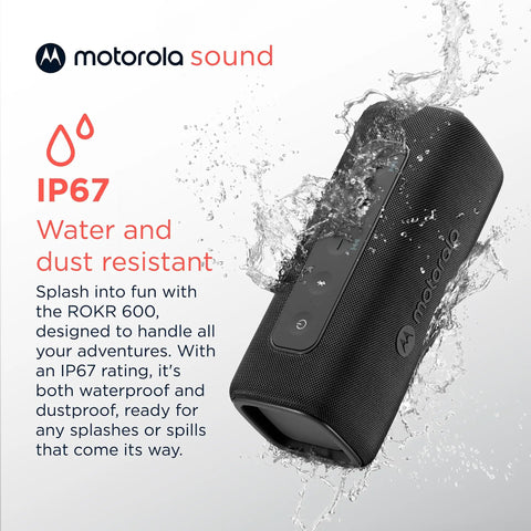 ROKR 600 Portable Bluetooth Speaker With Six Hour Playtime And IP67 Water Resistant For Home And Outdoors Compatible With iPhone Black Great For Travel And Outdoor Adventures With Rich Bass And Easy Pairing, black speaker in water splash