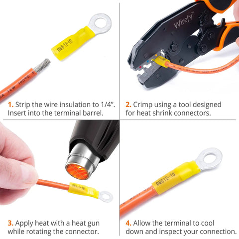 Step-by-step guide using Ultimate Heat Shrink Wire Connector Kit For Marine And Auto, 120 Pcs, 22-10 Gauge with crimp tool and heat gun.