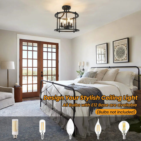 Farmhouse Semi Flush Mount Light Four Light Matte Black Industrial Ceiling Fixture E12 Base Rustic Vintage Chandelier Style For Kitchen Bedroom Cozy Vibe