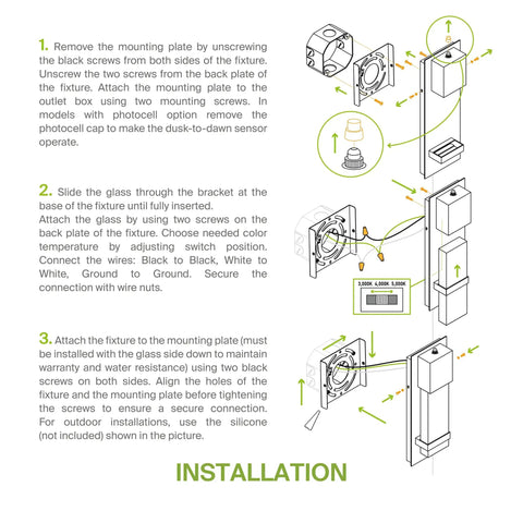 Installation guide for Bubble Glass Outdoor LED Wall Light 13 Inch Dusk to Dawn Sconce Dope Look, wiring and assembly steps