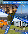 Image showcasing applications of DC 1 Pole Miniature Circuit Breaker For Solar Panel 250V 20A in various settings like home, solar panels, outdoor, and PV.