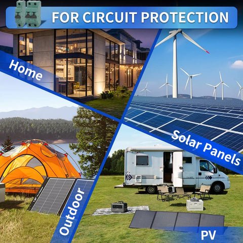 Image showcasing applications of DC 1 Pole Miniature Circuit Breaker For Solar Panel 250V 20A in various settings like home, solar panels, outdoor, and PV.