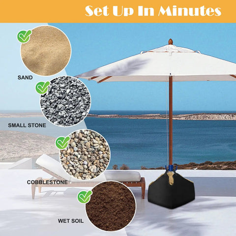 Fillable Sand Bags For Umbrella Bases With 2 Hanging Hooks, Portable Beach Umbrella Weights attached to parasol by seaside
