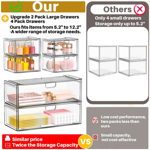 Super Slick Acrylic Stackable Drawer Set Of Six Pack For Vanity And Bathroom Desk Organization Modular Units Stack Up Fast to show drawers holding cosmetics and accessories.