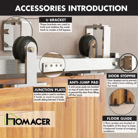 Brushed Nickel Sliding Barn Door Hardware Kit With Double Track Bypass For Four Doors U-Shape Bypass On One Track 10ft Flat Track T-Shape Design Rollers with labeled components including U bracket, junction plate, anti-jump pad, and door stopper.