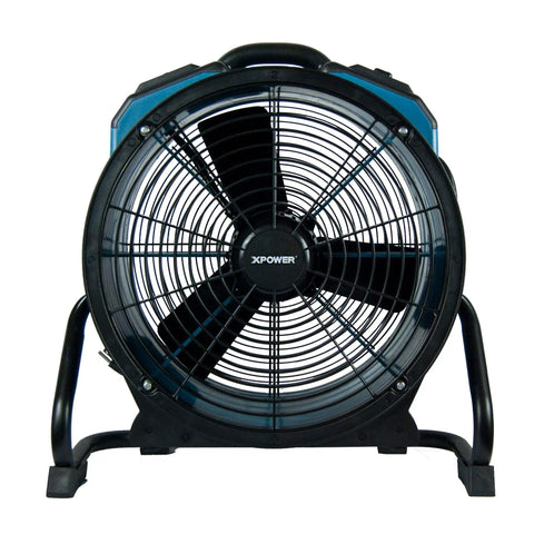 Real Heavy Lifter One Third Hp Sealed Motor Axial Air Mover Fan With Snappy Variable Speed Switch And Three Hour Timer Blue front view with durable black frame.