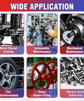 Vigorder thread lock for nuts and bolts; blue and red, six-panel automotive hardware collage.