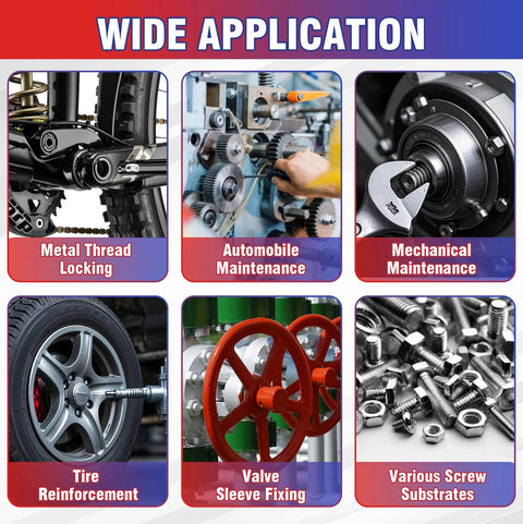 Vigorder thread lock for nuts and bolts; blue and red, six-panel automotive hardware collage.