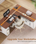 L Shaped Electric Standing Desk With Four Wood Drawers Farmhouse Executive Workstation Height Adjustable Sit Stand Table Home Office Gaming Setup Big Boy Workspace Smooth Motor Rock Solid Build, 69x55 inch layout with storage.