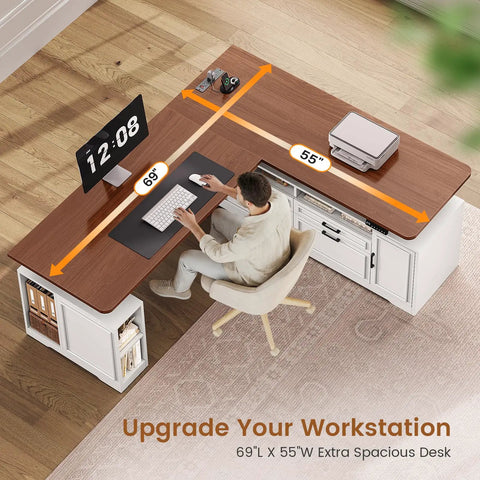L Shaped Electric Standing Desk With Four Wood Drawers Farmhouse Executive Workstation Height Adjustable Sit Stand Table Home Office Gaming Setup Big Boy Workspace Smooth Motor Rock Solid Build, 69x55 inch layout with storage.