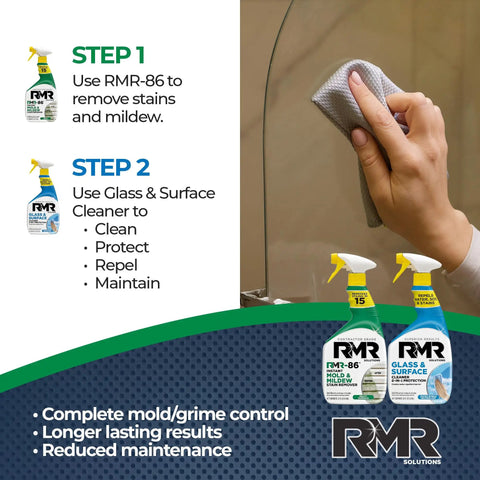 All In One Indoor And Outdoor Cleaning Kit With Pro Strength Instant Stain Remover And Glass And Surface Cleaner Protectant shown in use on a mirror