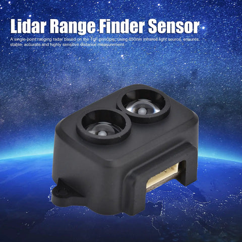 Ultra Accurate Lidar Range Finder Sensor For Raspberry Pi And Pixhawk module with dual lenses on a blue space background.