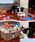 Collie with toys before and after using Personalized Pup Toy Bin With Name Foldable Blue Organizer For Dogs And Cats