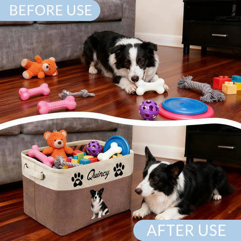 Collie with toys before and after using Personalized Pup Toy Bin With Name Foldable Blue Organizer For Dogs And Cats