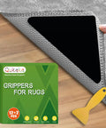Close-up of non slip rug pads and tape for hardwood floors with triangle design, showing package and applicator tool.