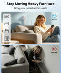 Slick Space Saving Outlet Extender Stick With 360 Rotating Plug And Solid Surge Protector For Behind Couch Bed Nightstand Adjustable Reach Easy Peasy Game Changer Setup, showing before and after use.