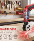Kitluck Cordless Electric Scissors With Rechargeable Battery And Replacement Blade cutting through materials on a workbench.