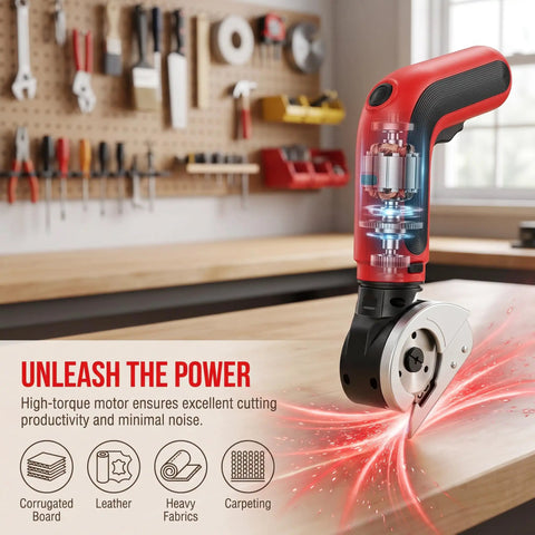 Kitluck Cordless Electric Scissors With Rechargeable Battery And Replacement Blade cutting through materials on a workbench.