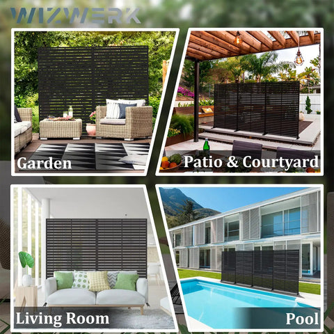 Six Foot Outdoor Metal Privacy Screen Freestanding Privacy Fence Room Divider for Patio Garden Balcony in various settings