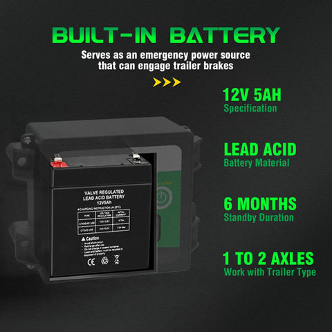 Trailer Breakaway Kit With Built In 12V 5Ah Battery, shown with specifications and features highlighted on image