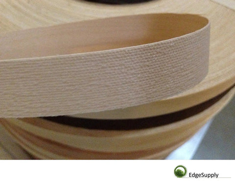 Close-up of Maple Wood Veneer Edge Banding Roll 3/4 Inch By 50 Foot Pro Grade Pre Glued Iron On Tape with smooth sanded finish