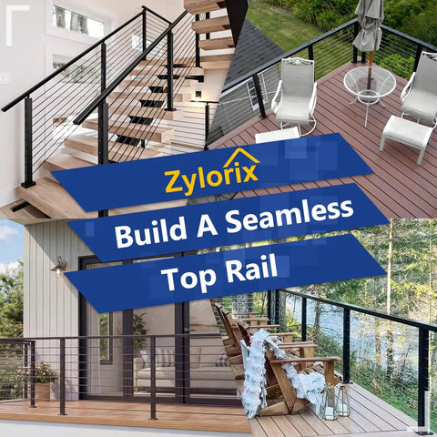 Heavy Duty Four Foot Modular Deck Handrail In Matte Black T304 Stainless Steel Cable Railing Top Rail for outdoor staircases and porches.