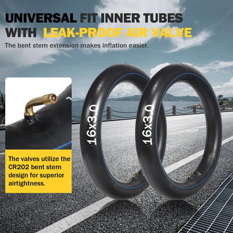 Two Pack 16x3.0 Inner Tubes With 90 Degree Angled Valve for 16 Inch Tires, road background, close-up view.