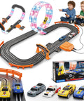 Children playing with 9.86Ft 2-In-1 Slot Car Track Set With Four Cars Dual Racing Mode, showing circular and straight tracks with lap counter.