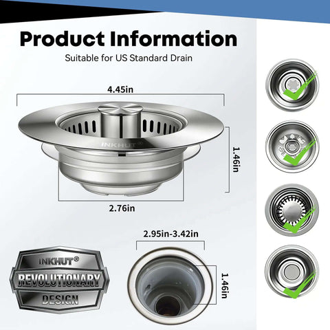 Three In One Kitchen Sink Drain Strainer Stopper Basket With Odor Filter And Anti Clog Tech for 3.5 inch Drain Stainless Steel Silver