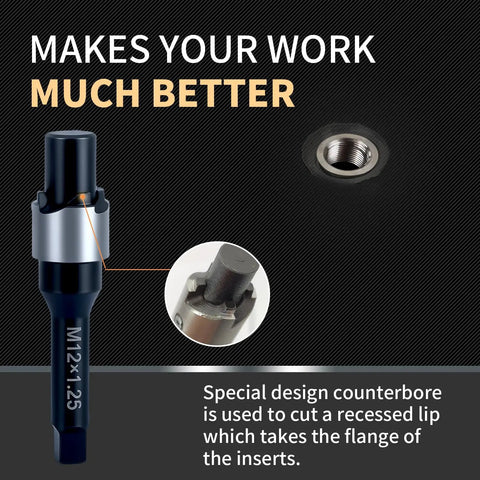 M12x1.25 Thread Repair Kit With Stainless Steel Inserts, showing counterbore tool with recessed lip design.