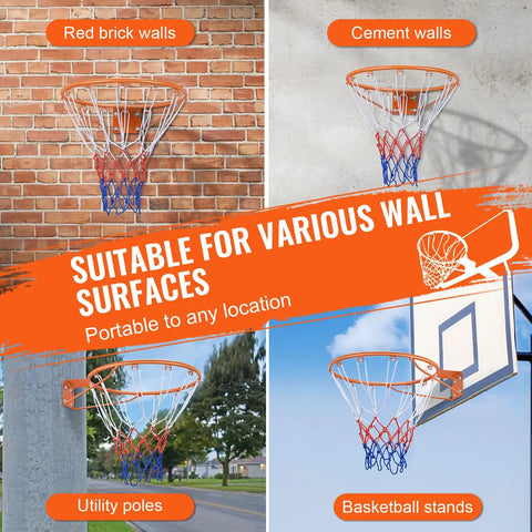 18 Inch Wall Mounted Basketball Rim With Net And Double Spring, Heavy Duty Q235 Steel Replacement Hoop for versatile wall surfaces