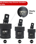 3 impact couplers from 18 Piece Heavy Duty Pro Grade Drive Tool Accessory Set with clear size markings: 1/2", 3/8", 1/4".