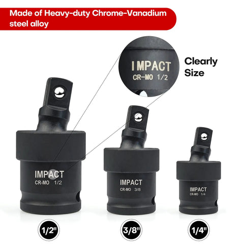 3 impact couplers from 18 Piece Heavy Duty Pro Grade Drive Tool Accessory Set with clear size markings: 1/2", 3/8", 1/4".