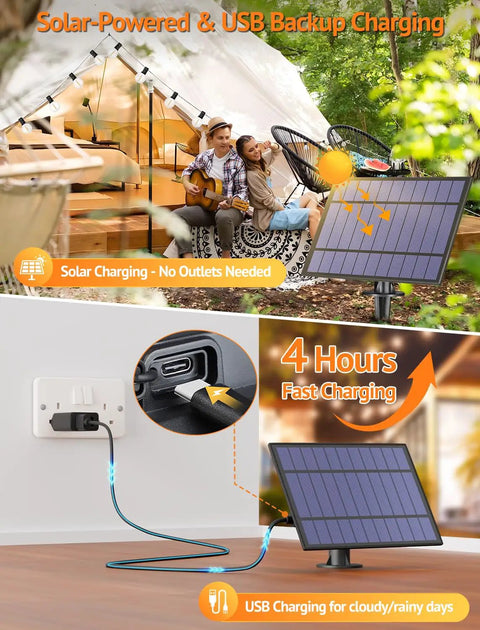 Outdoor Solar String Lights 25 Ft With Remote Waterproof Dimmable 3 Modes Patio Lighting 11 G40 Shatterproof Bulbs For Backyard Black displayed with solar panel and USB charging indoors and outdoors.