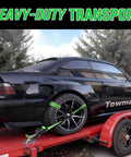 Black car secured with Beefy Four Pack Car Tie Down Straps For Trailers With O Rings And Ratchets 2 Inch By 8 Foot Wheel Straps