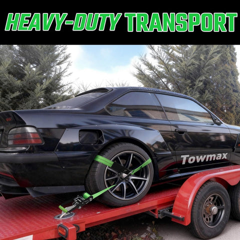 Black car secured with Beefy Four Pack Car Tie Down Straps For Trailers With O Rings And Ratchets 2 Inch By 8 Foot Wheel Straps