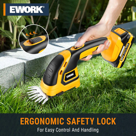 Lightweight 21V Cordless Hedge Trimmer And Grass Shears 2In1 Battery Powered Pruner Include Charger with ergonomic grip and safety lock.