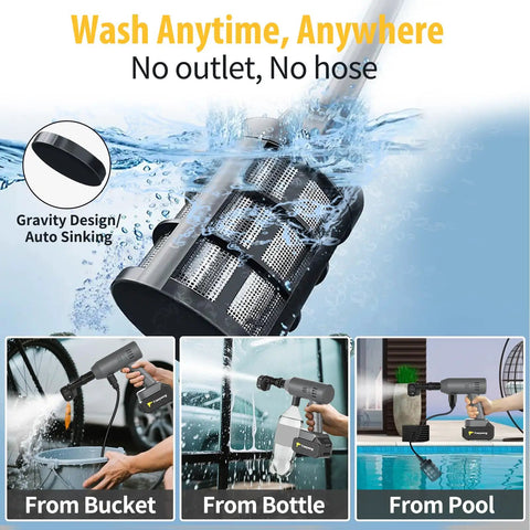Portable Handheld Cleaning Tool With A 6-in-1 Nozzle For Cars, Patios, Fences, Windows And Garden Gear shown in use.
