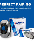 Wagner QS brake pads and E-Shield rotors package next to box, perfect pairing with Brake QuickStop ZX1425 Disc Brake Pad Set.