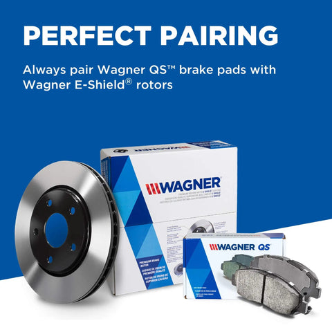 Wagner QS brake pads and E-Shield rotors package next to box, perfect pairing with Brake QuickStop ZX1425 Disc Brake Pad Set.