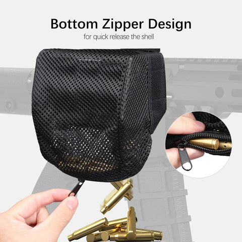 Heat Resistant Brass Shell Catcher With Quick Release Zipper And Picatinny Rail Mount For Efficient Brass Collection During Shooting And Hunting Light Black Finish close-up view with brass casing release action.