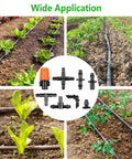 Collage showing 250 Piece Quarter Inch Drip Irrigation Fittings Kit With Barbed Connectors Nozzles Tees Elbows Crosses And Plugs in garden use