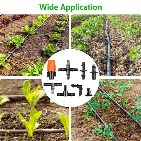 Collage showing 250 Piece Quarter Inch Drip Irrigation Fittings Kit With Barbed Connectors Nozzles Tees Elbows Crosses And Plugs in garden use