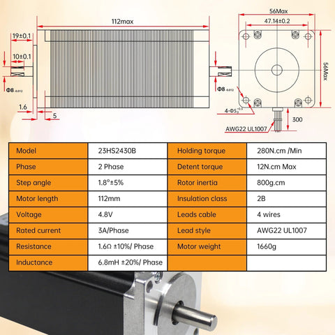 Technical diagram of 4 Axis Nema 23 CNC stepper motor kit with specifications and dimensions for CNC applications.