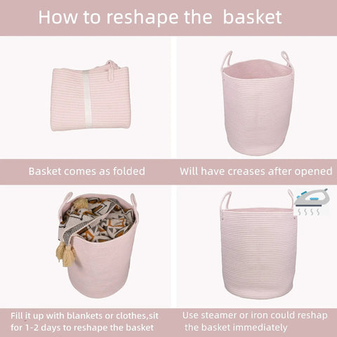Collage showing how to reshape a Large Tall Cotton Rope Laundry Basket Hamper With Handles For Nursery And Living Room, Boho Style, Light Pink.