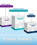 Clean Towels Healthy Aging, Blemish Control, and Original boxes, showcasing 50 compostable face towels for various skin types.