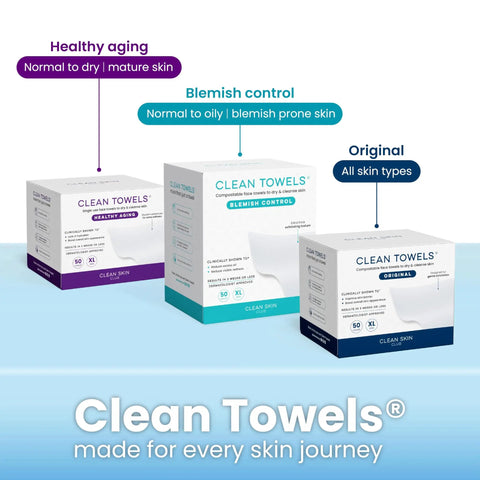 Clean Towels Healthy Aging, Blemish Control, and Original boxes, showcasing 50 compostable face towels for various skin types.