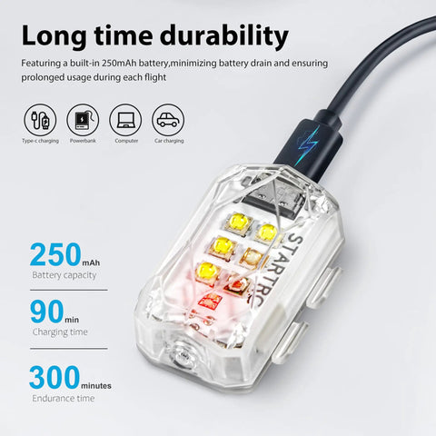 Rechargeable Drone Strobe Light LED Lamp For Night Flights FAA Ready Beacon charging with USB cable, showing battery details.