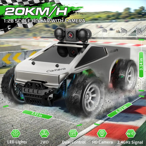 Silver all terrain RC car with 720P HD FPV camera and LED lights for real-time video, rechargeable, 1 to 28 scale, on track.